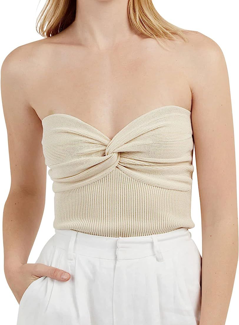 MISSACTIVER Women’s Sexy Twist Front Knitted Tube Top Strapless Solid Ruched Rib-Knit Crop Top Tank  | Amazon (US)