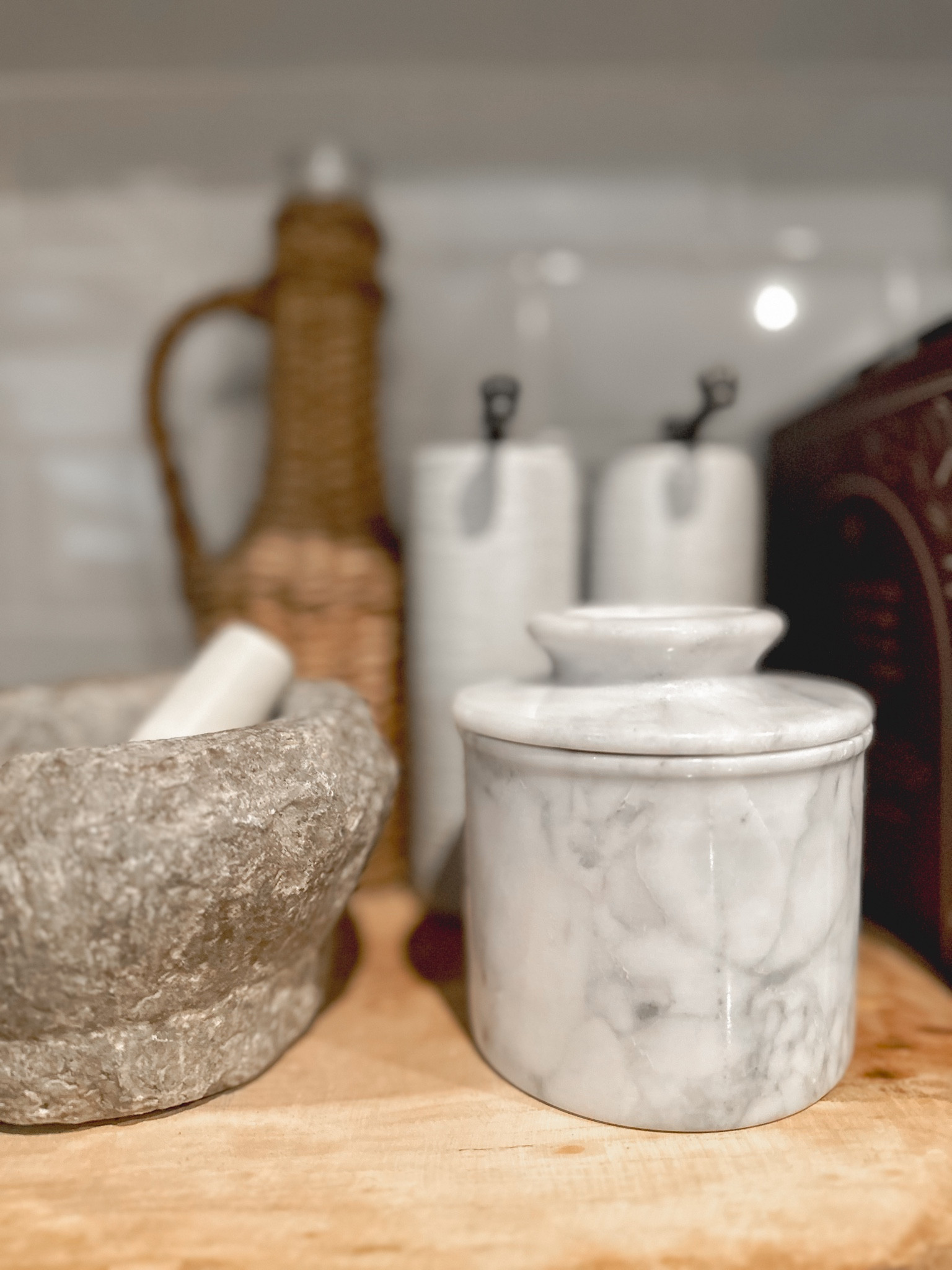 Favorite butter bell from Amazon! 

Salt & pepper mills & stone mortar are portandpenny.com 