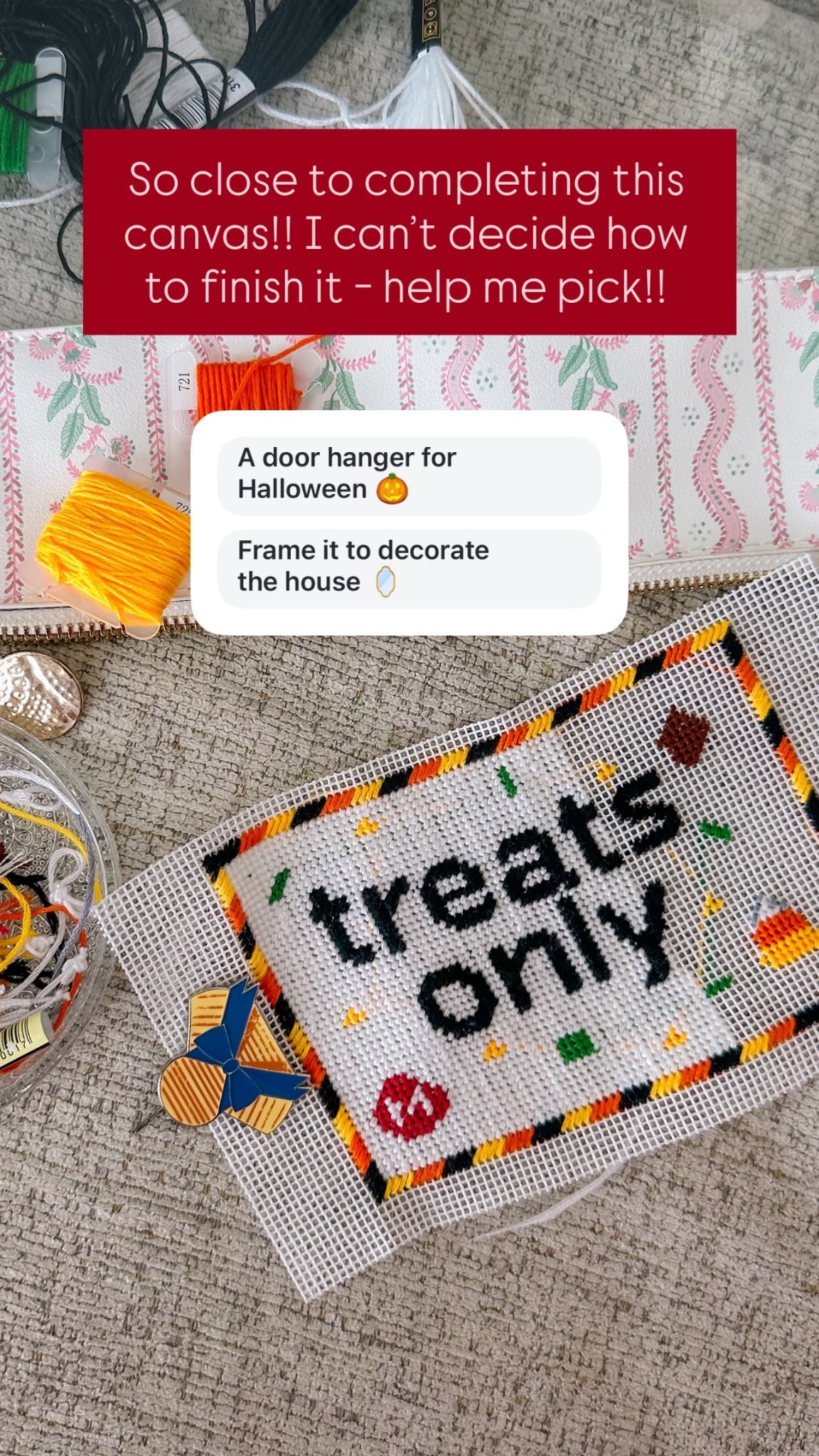 Help me decide how to finish my Halloween needlepoint canvas!! I can’t decide whether to turn it into a door hanger for the porch on Halloween, or to frame it and have it out in the house!! 

#LTKSeasonal