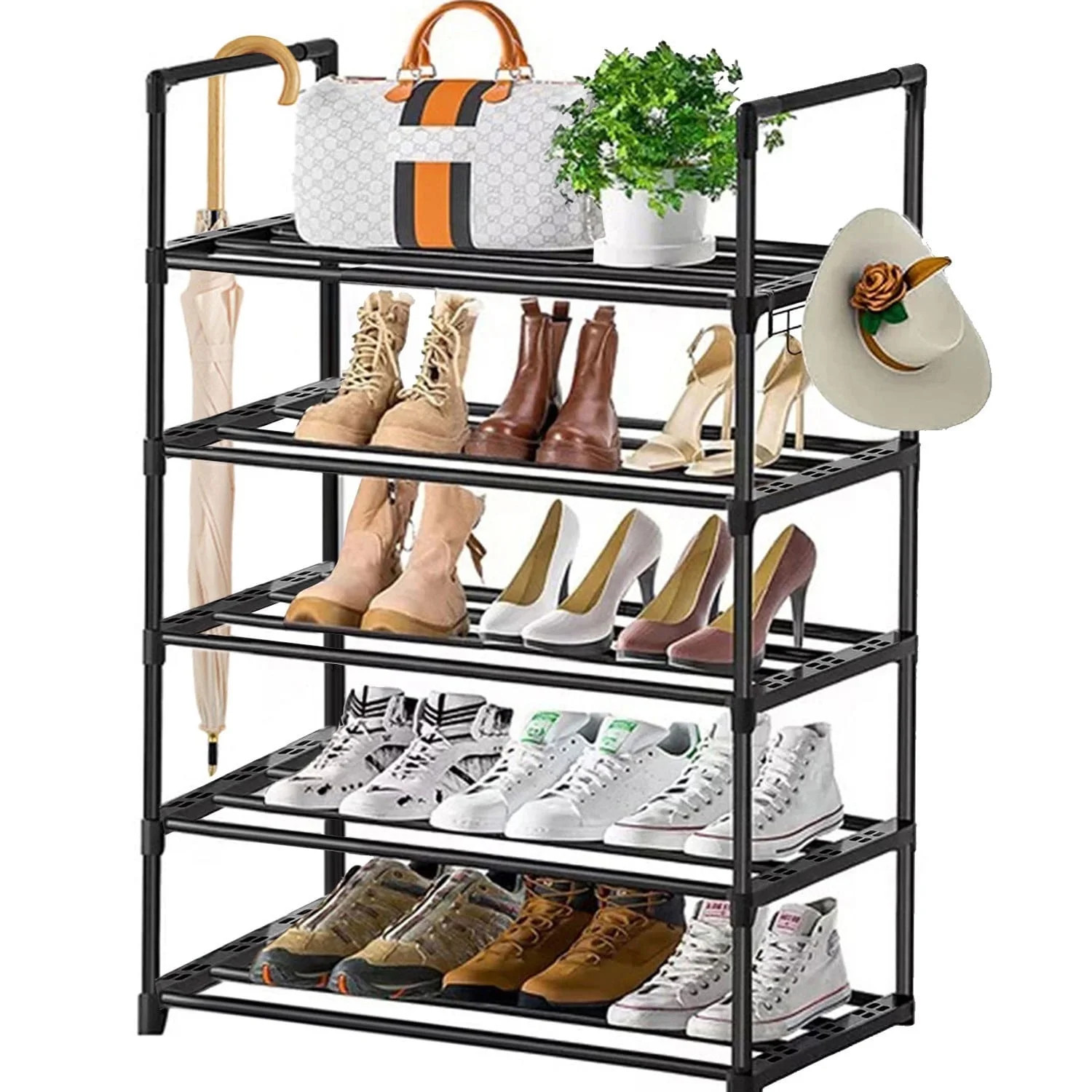 5 Tiers Shoe Rack with Hook, Stackable Shoe Organizer Storage for Shoe and Boot, Shoe Shelf for C... | Walmart (US)
