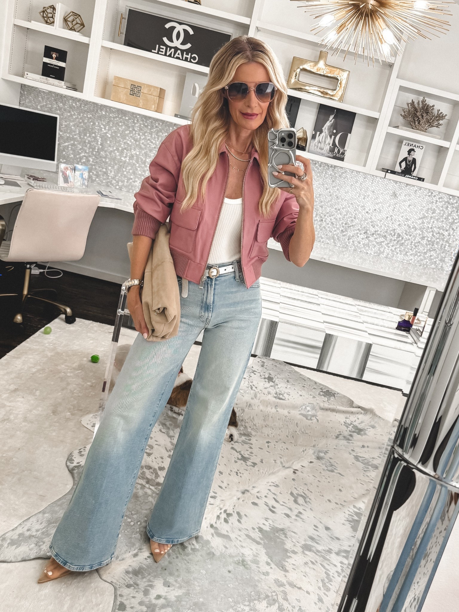 Spring Outfit of the night 💕 This pink leather cropped bomber jacket is the prettiest shade for spring. Paired with my go-to Mother light wash jeans for an easy, chic look. Both run true to size — XS in the jacket and 24 in the denim.

#LTKootd #LTKdayinmylife #LTKOver40