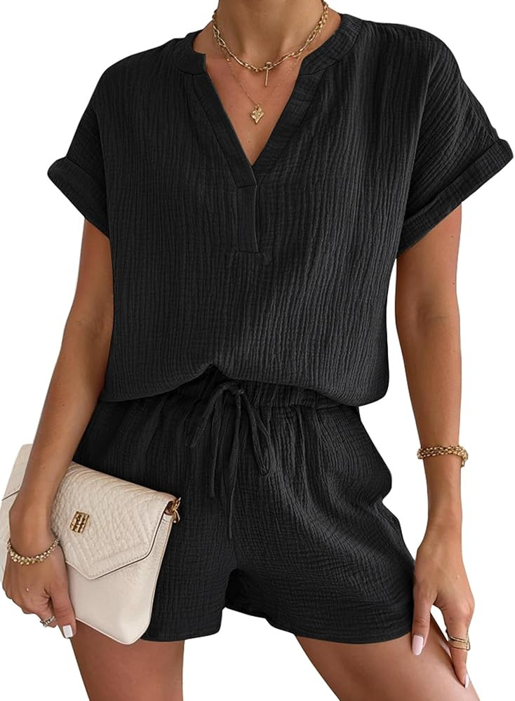 Andeip Lounge Pajama Sets for Women 2 Piece Shorts Summer Oversized Comfy Crepe Texture Pj Sets L... | Amazon (US)