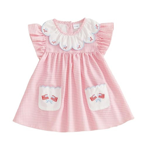 Yuufuniy Baby Girl 4th of July Outfit USA Sleeveless Dress Fly Sleeve Bow Fourth of July Dresses Little Girls Summer Clothes (Pink, 4-5 Years) | Amazon (US)