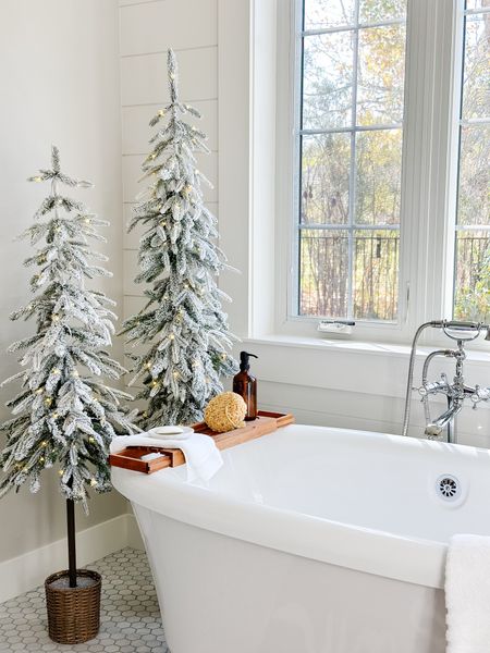 Flocked Alpine Balsam Fir trees.  I used 5’ and 6’ in my bathroom.  These would look great flanking a front door at anywhere you don’t have much space for a tree.  

#LTKfindsunder100 #LTKHoliday #LTKhome
