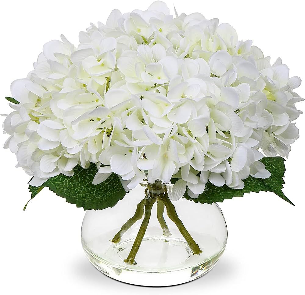 Hollyone Hydrangea Artificial Flowers with Vase White Silk Fake Flowers Arrangements in Glass Vas... | Amazon (US)