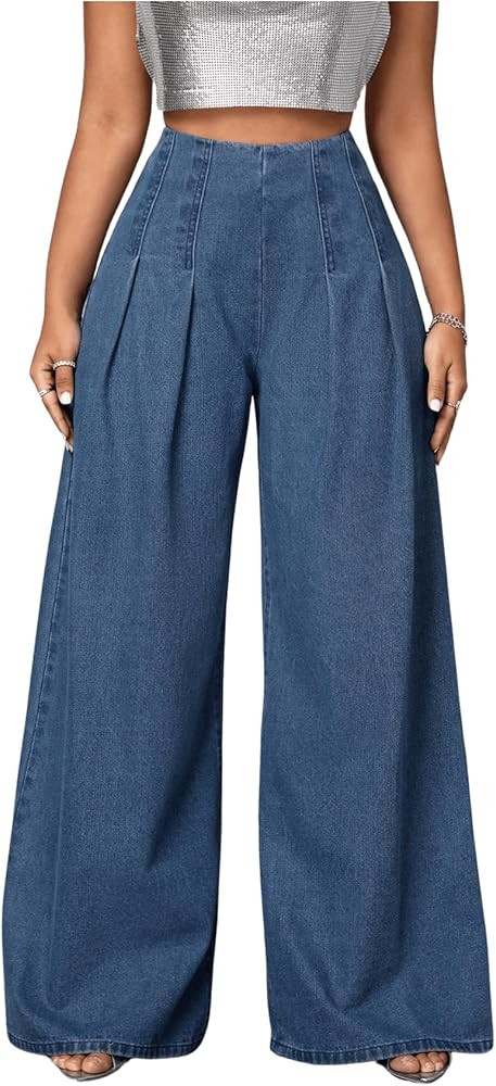 Women's Zip Back Y2K Denim Pants High Waisted Wide Leg Loose Jeans Trouser | Amazon (US)