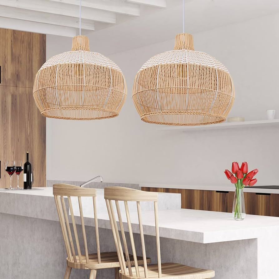 Arturesthome White Handwoven Rattan Boho Pendant Lighting Fixtures, Wicker Hanging Ceiling Light ... | Amazon (US)