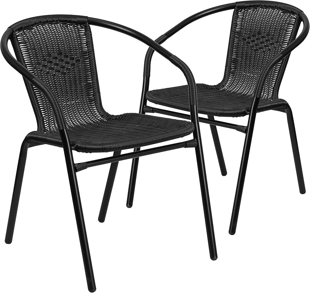 Flash Furniture Modern Rattan Indoor/Outdoor Restaurant Dining Chairs, Stackable Rattan Bistro Chairs for Patio or Restaurant, Set of 2, Black | Amazon (US)