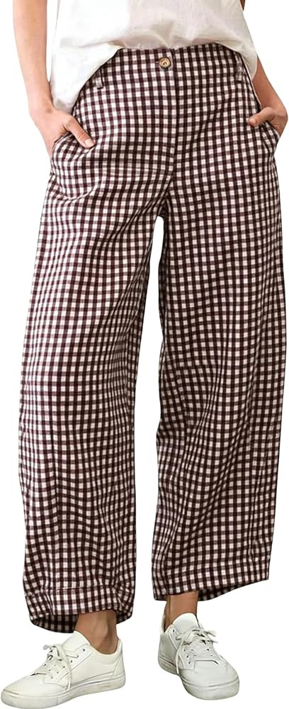 MINSURE Women's Cotton Gingham Pants Wide Leg Capri Beach Pants 2026 Summer Casual Baggy Palazzo ... | Amazon (US)