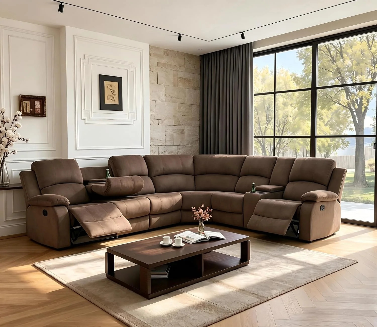 3-Piece 199" Fabric Manual Reclining Sectional Sofa with Pillow Top Arms, Drop-Down Table, Storage Console & Cup Holders | Wayfair North America