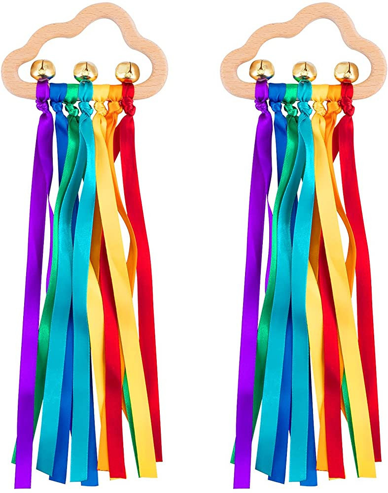 Baby Sensory Ribbon Ring Toys - 2Pcs Rainbow Ribbon Rattle Natural Wooden Ribbon Ring Molar Wood ... | Amazon (US)
