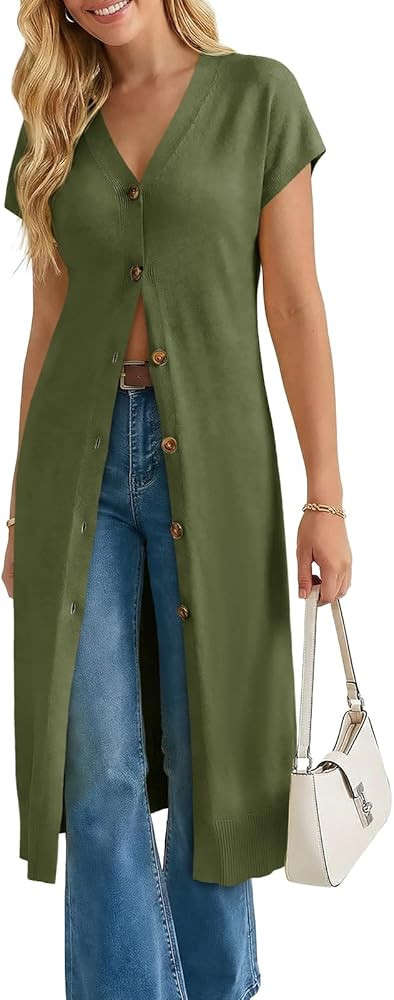 Saodimallsu Womens Long Cardigans Lightweight Short Sleeve Button V Neck Loose Knit Casual Summer... | Amazon (US)