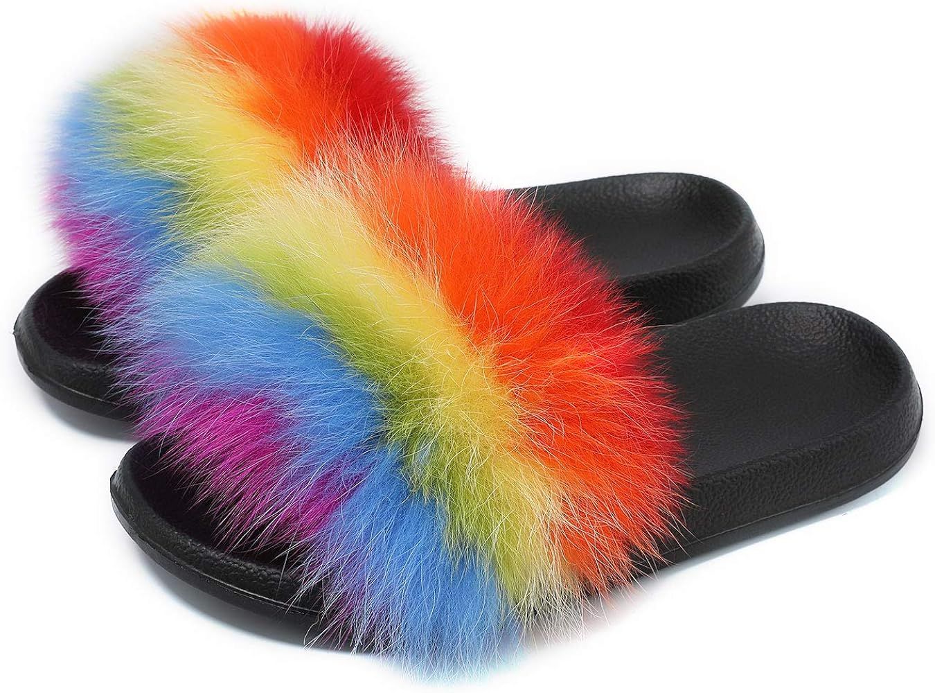 Fur Slippers Slides for Women Open Toe Real Fox Fur Slippers Girls Fluffy House Slides Outdoor | Amazon (US)