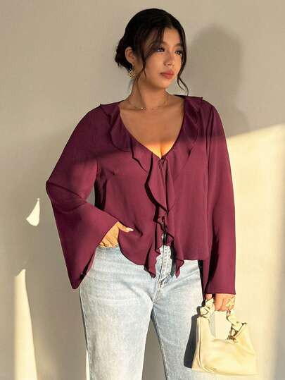Firerie Plus Size Spring/Summer New Flare Sleeve Ruffle Hem Blouse, Elegant Romantic Women Shirt,... | SHEIN