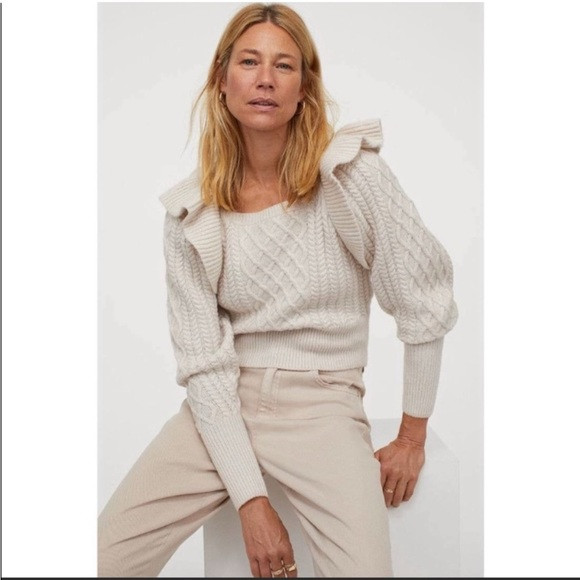 H&M Cable-Knit Sweater Flounce Ruffle Oversized Sweater Large Beige Tan | Poshmark