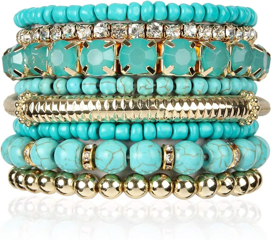 RIAH FASHION Multi Color Stretch Beaded Stackable Bracelets - Layering Bead Strand Statement Wrap... | Amazon (US)