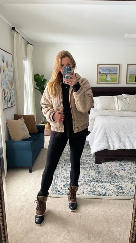 Winter outfit of the day - wore this Sherpa jacket all day while working from home

Long tunic sweater in chocolate brown styled over fleece lined leggings (with side pockets)

Favorite winter snow boots are an amazon find

Wearing my normal size in everything 

#LTKfindsunder50 #LTKSeasonal #LTKstyletip