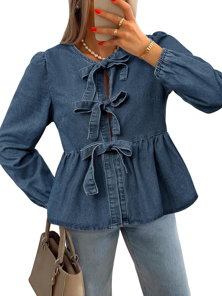 Tankaneo Womens Denim Tie Front Tops Babydoll Peplum Cute Blouse Puff Long Sleeve Going Out Jean ... | Amazon (US)