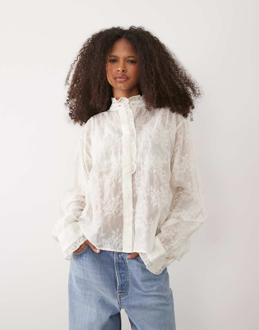 Mango high neck frill detail embroidered blouse in cream-Neutral | ASOS (Global)