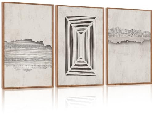 CHDITB Abstract Minimalist Framed Canvas Wall Art Set Of 3, Modern Mid Century Wall Decor, Geometric Line Textured Inspired Artwork, Neutral Art Print For Living Room Office Bedroom Decor (12X16 Inch) | Amazon (US)