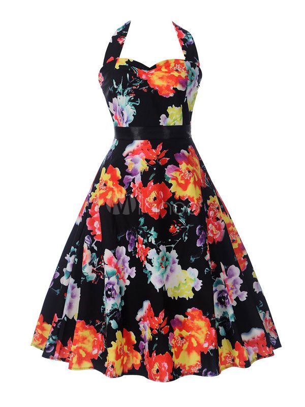 Black Vintage Dress Halter Floral Print Summer Midi Dress Women Swing Dress | Milanoo