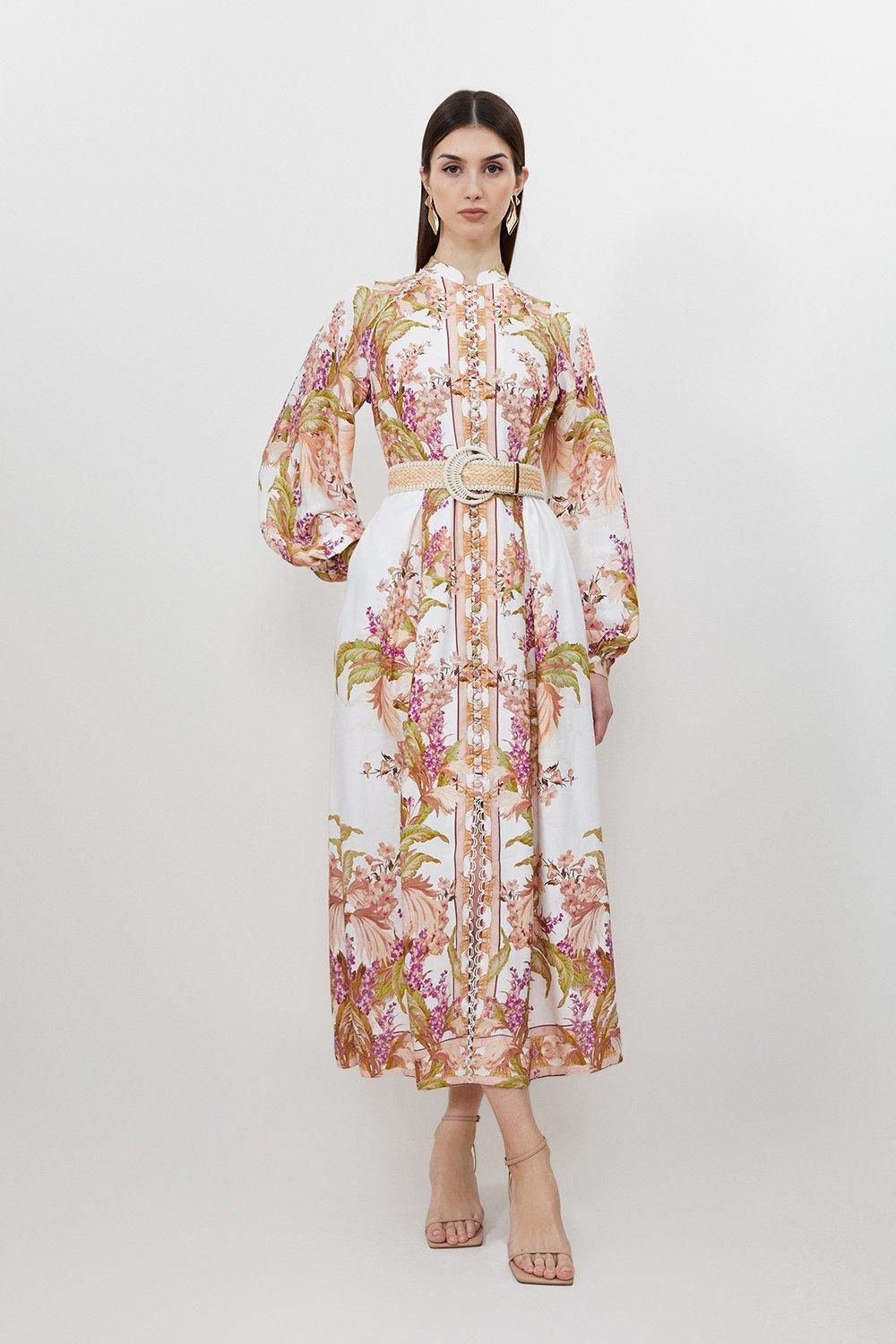 Mirrored Floral Viscose Linen Button Down Midi Dress | Karen Millen US