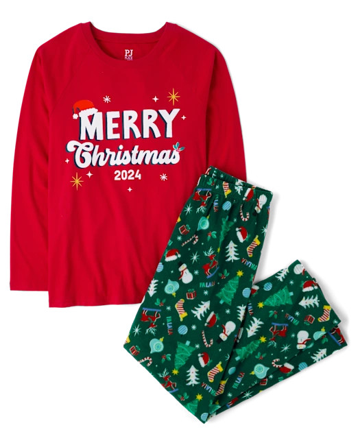 Unisex Adult Matching Family Long Raglan Sleeve Merry Christmas 2024 Cotton And Microfleece Pajam... | The Children's Place
