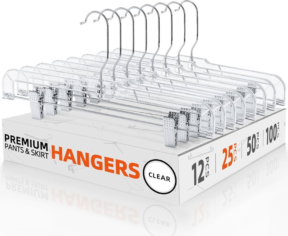 HOUSE DAY Skirt Hangers Pants Hangers with Clips Clear Plastic Pants Hangers with 2-Adjustable Cl... | Amazon (US)
