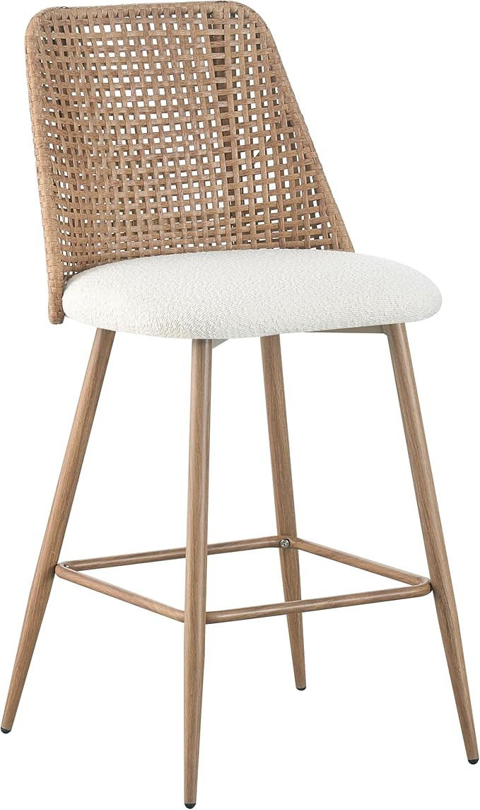 Rattan Counter Height Bar Stools Set of 2, Upholstered Boucle Barstools with PE Rattan Back, 26 i... | Amazon (US)