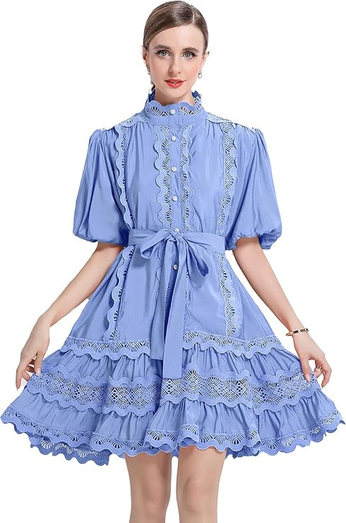 LAI MENG FIVE CATS Women Vintage Mock Neck Puff Sleeve Lace Ruffled Button Loose Mini Dress | Amazon (US)