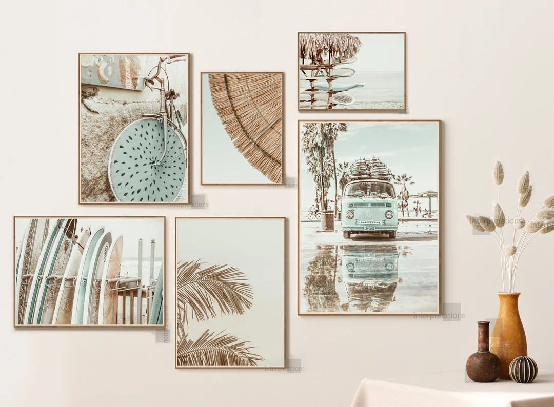 Summer Beach Print Set of 6, Tropical Prints, Printable Wall Decor, Van, Surf, Palm Trees, Coasta... | Etsy (US)