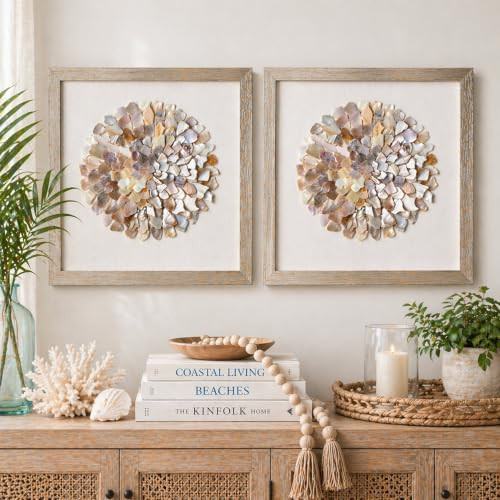 American Art Decor Neutral Seashell Mosaic 3D Textured Wall Art with Champagne Frame, 2 Piece Set for Coastal Nautical Beach Theme Decor (Ivory and Beige, 11.75" x 11.75") | Amazon (US)