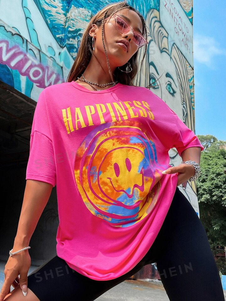 SHEIN Coolane Letter & Cartoon Graphic Drop Shoulder Oversized Tee | SHEIN