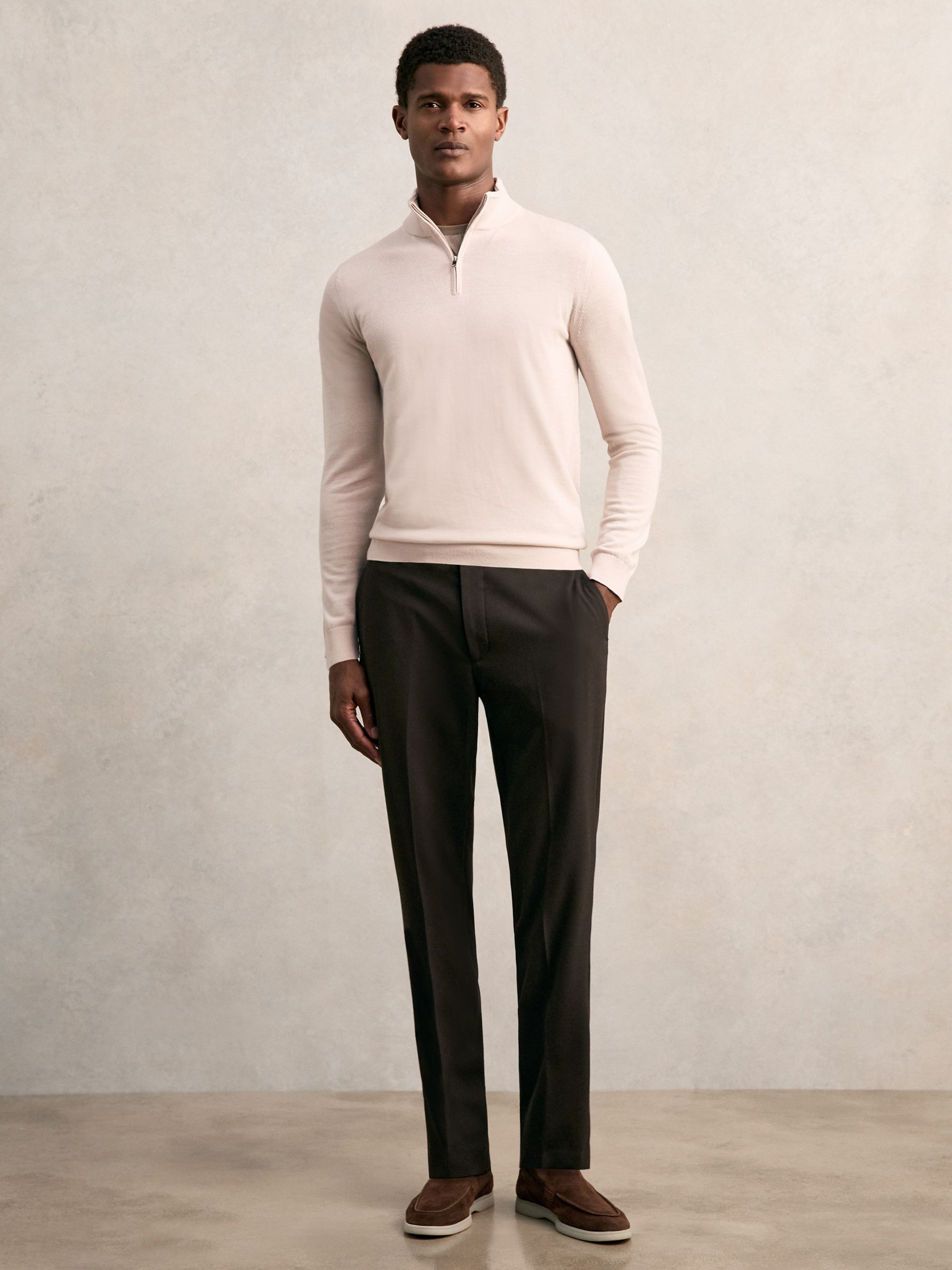 Merino Wool Half-Zip Funnel Neck Jumper in Beige | Reiss UK