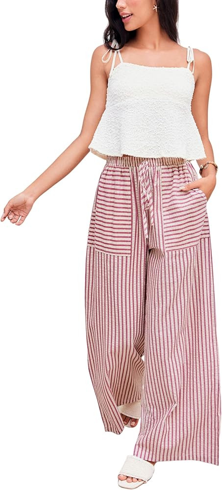 Yeokou Women's Wide Leg Pants Drawstring Striped Cotton Mid Rise Casual Long Palazzo Trousers wit... | Amazon (US)
