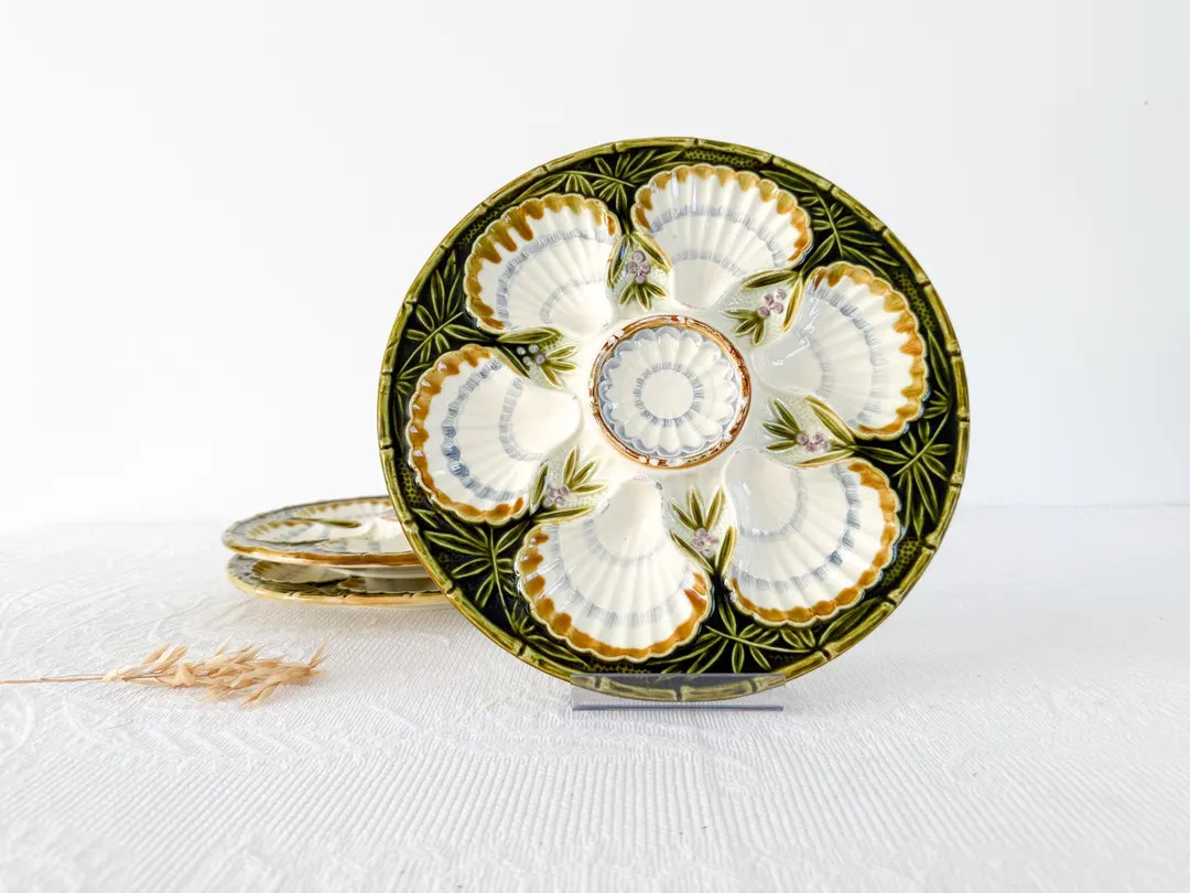 Rare and exceptional majolica oyster plate, decorated with bamboo and berries, Salins, circa 1890 | Etsy (US)