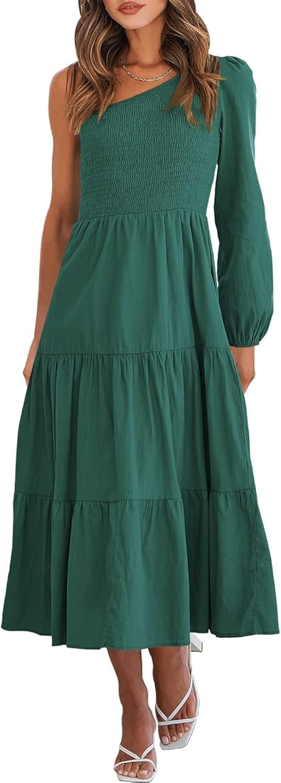 ANRABESS Women's Boho One Shoulder Casual Smocked Dress High Waist A-Line Flowy Tiered Fall Maxi Dre | Amazon (US)