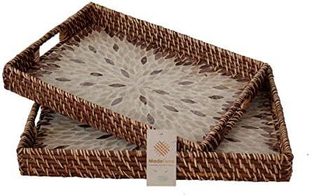 Set 2 Pack Rectangular Rattan Wicker Tray with Mother of Pearl Inlay Wooden Base and Insert Handl... | Amazon (US)