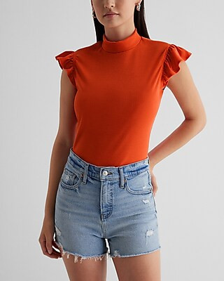 Ribbed Mock Neck Flutter Sleeve Tee | Express