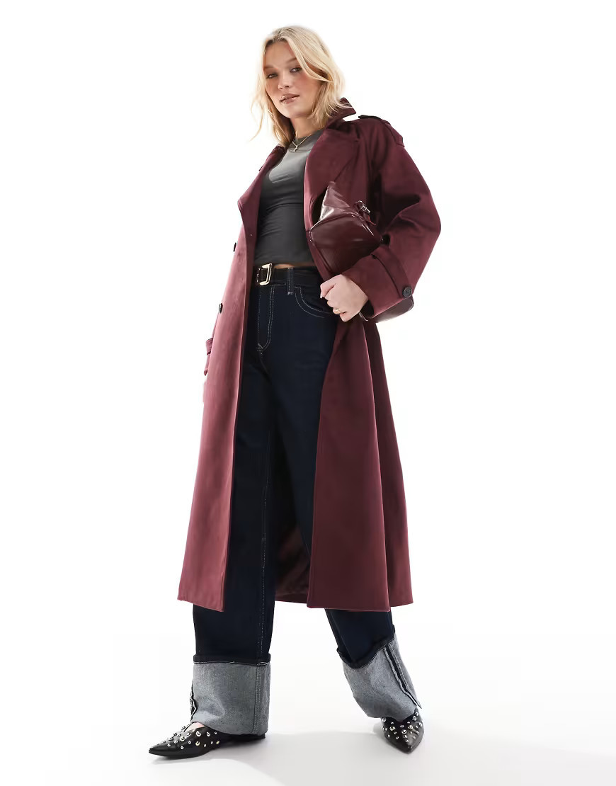 ASOS DESIGN premium faux suede trench coat in burgundy-No colour | ASOS (Global)
