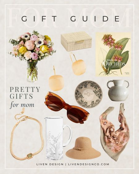 Pretty gifts for mom. Mother's Day gift guide. Gift for her. Gift ideas. Home gifts. Flower arrangement. Home accents. Floral etched pitcher. Jewelry. Scarf. Braided pitcher vase. Coffee table book. Coffee table decor. Jewelry box. Sunglasses. Packable straw hat. Spring accessories. 

#LTKGiftGuide #LTKfindsunder100 #LTKSeasonal