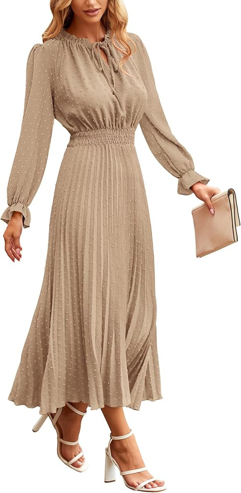 PRETTYGARDEN Women's 2026 Spring Fall Midi Dress Casual Long Sleeve V Neck Swiss Dot Pleated A Li... | Amazon (US)