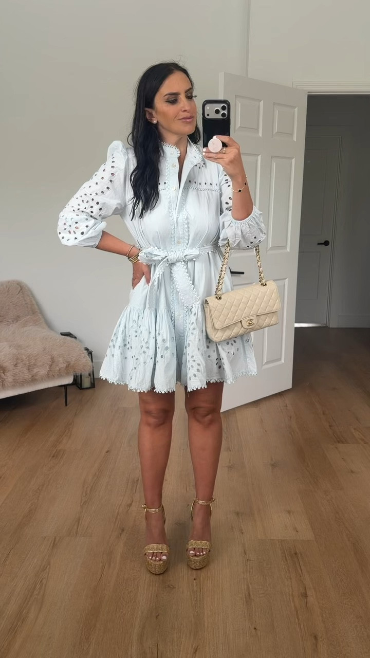 Avec Les Filles Eyelet Tie Belt Long Sleeve Mini Shirtdress (Ice Blue) wearing size 6 but could have done a 4 also