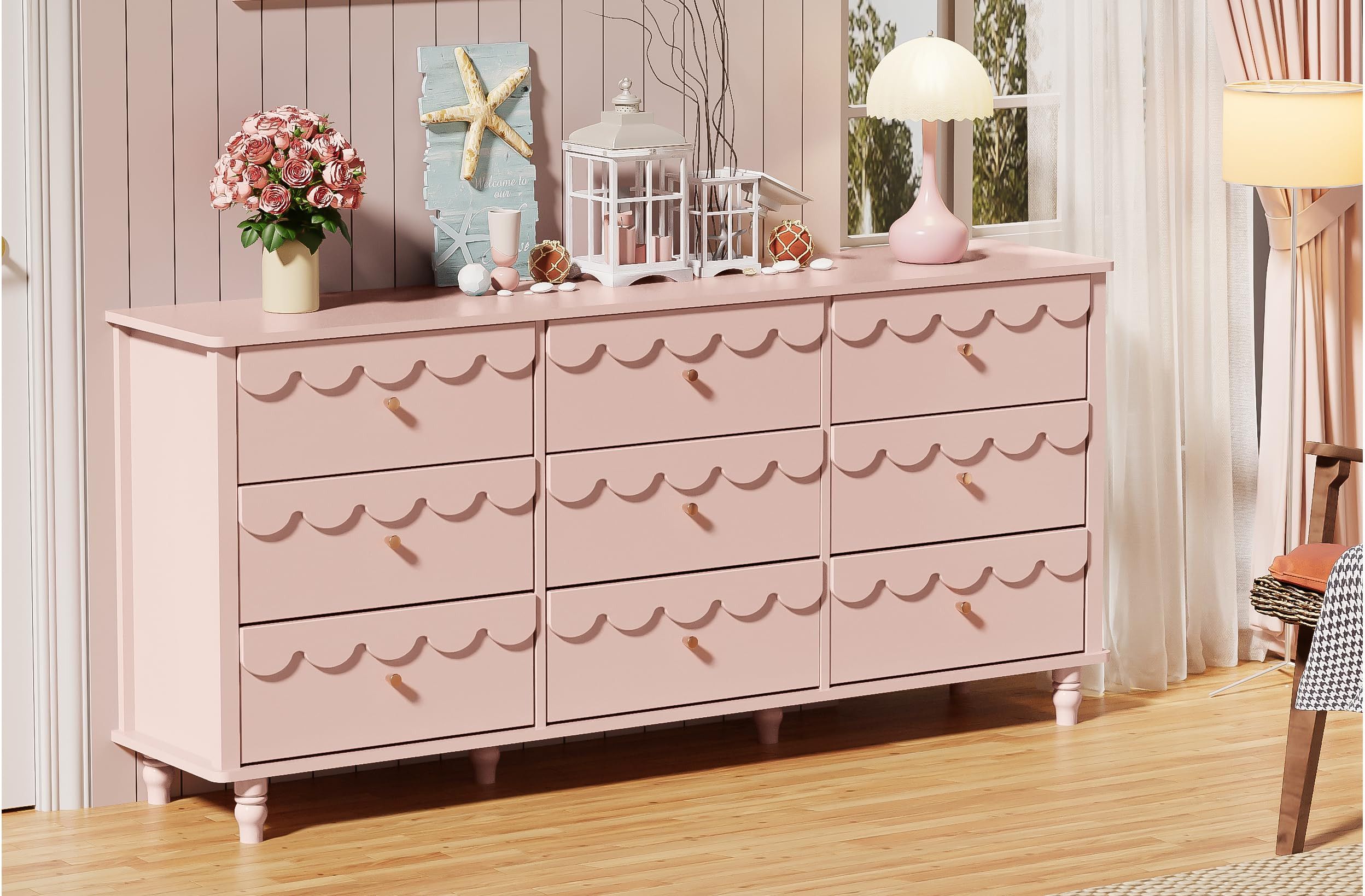 Anbuy Scalloped Organizer Storage with Drawers, Pink 9 Drawer Dresser for Bedroom, Modern Wide Lo... | Amazon (US)