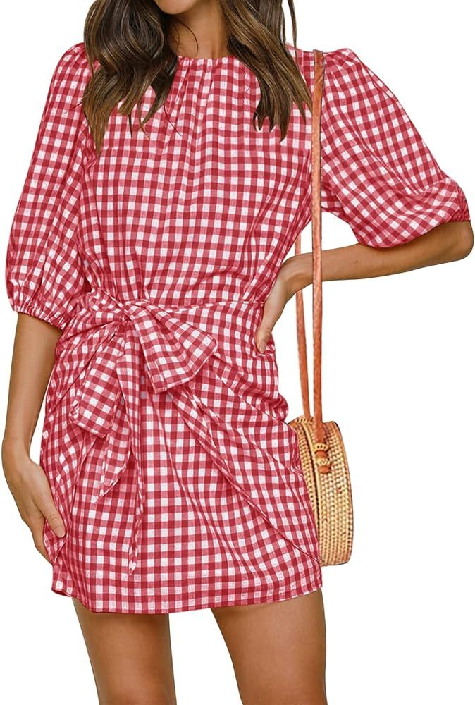 ZOWODO Womens Casual Summer Plaid Crewneck Lantern Sleeve Wrap Tie Waist Party Short Mini Dress | Amazon (US)