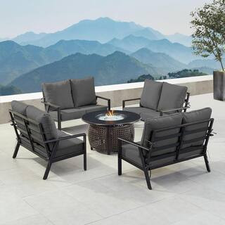 Black 7-Piece Aluminum Patio Fire Pit with 4-Deep Seating Loveseat Black Cushions | The Home Depot