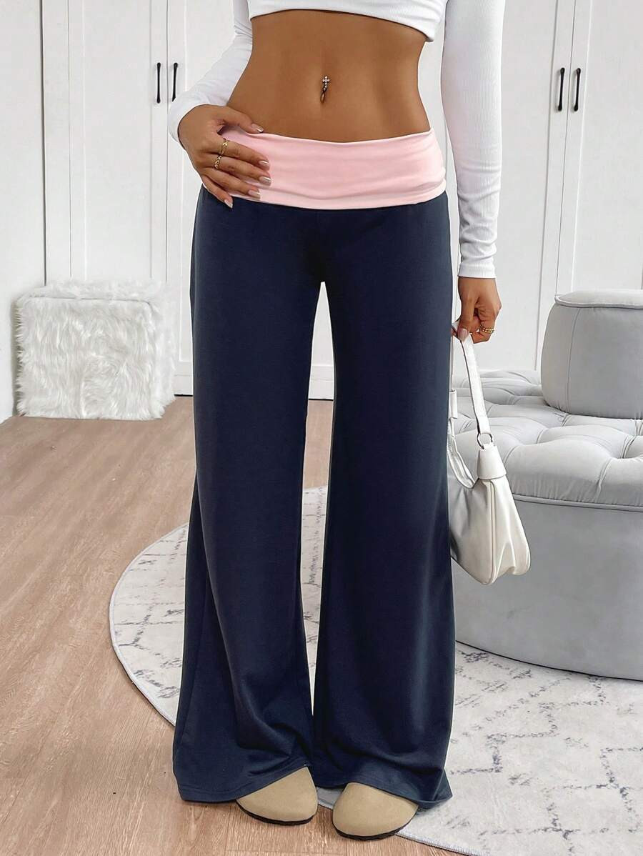 INAWLY Women Casual Contrast Foldover Waist Wide Leg Sweatpants Navy Blue,Summer,Athleisure,Loung... | SHEIN