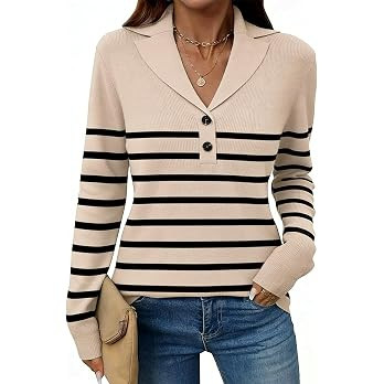 LOMON Womens Button Sweater 2026 Long Sleeve V-Neck Collared Pullover | Amazon (US)