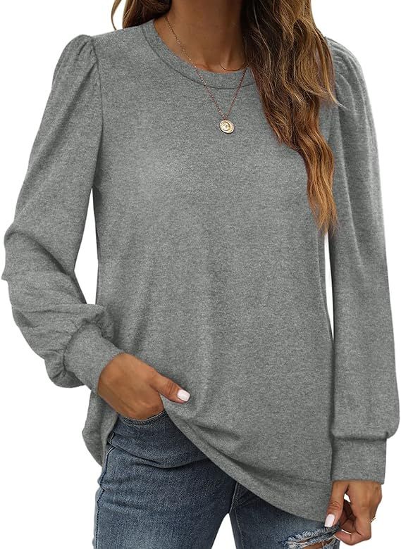 Sweatshirt for Women Loose Fit Crew Neck Puff Sleeve Soft Fall Clothes Sweaters | Amazon (US)