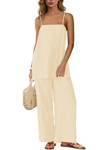 Dokuritu Two Piece Vacation Sets for Women Summer Outfits Matching Lounge Sets Spaghetti Strap Tank Top Pants Sets with Pockets | Amazon (US)
